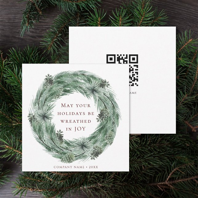 Pine Wreath Green & Red Holiday Card with QR Code (Front & Back)