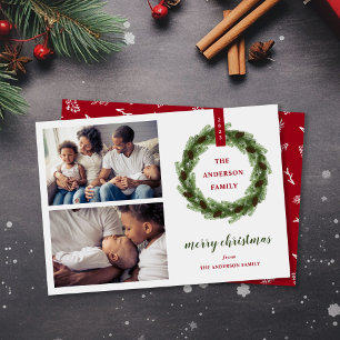Pine Wreath Merry Christmas 2 Photo Holiday Card