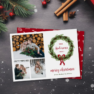 Pine Wreath Merry Christmas 3 Photo Holiday Card