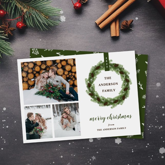 Pine Wreath Merry Christmas 3 Photo Holiday Card (Creator Uploaded)