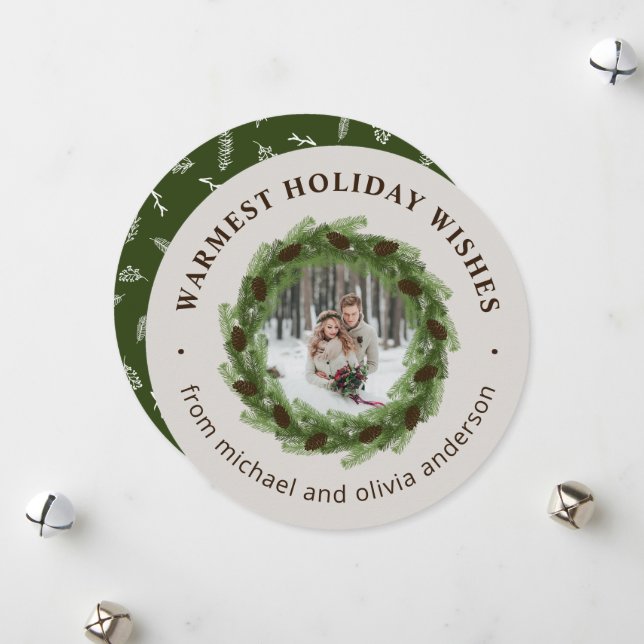 Pine Wreath Merry Christmas Circle Photo Holiday Card (Front/Back In Situ)