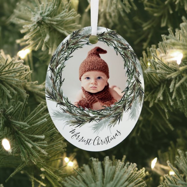 Pine Wreath Merry Christmas Holiday Photo Metal Tree Decoration (Insitu)