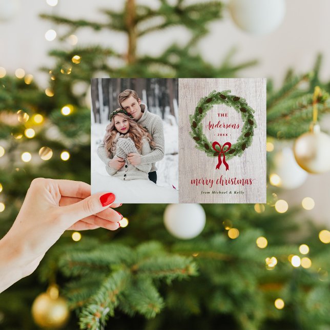 Pine Wreath Merry Christmas Magnetic Photo Card (Creator Uploaded)