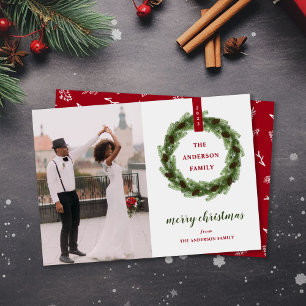 Pine Wreath Merry Christmas Photo Holiday Card