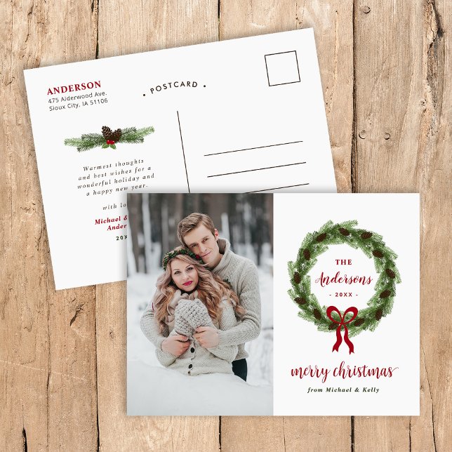 Pine Wreath Merry Christmas Photo Holiday Postcard (Creator Uploaded)