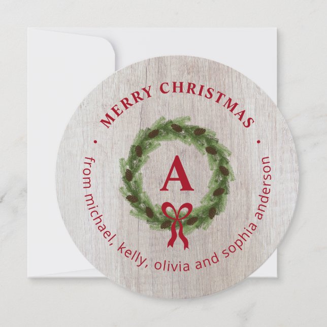 Pine Wreath Merry Christmas Round Photo Holiday Card (Front)