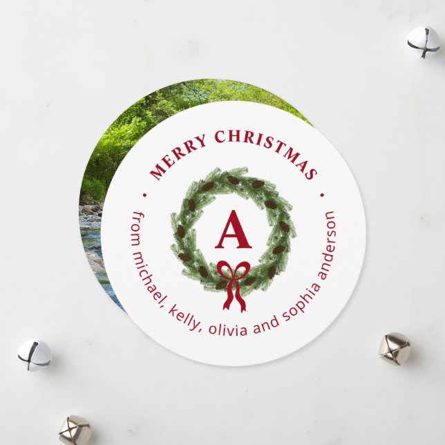 Pine Wreath Merry Christmas Round Photo Holiday Card (Front/Back In Situ)