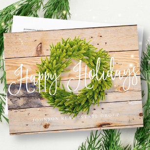 Pine Wreath on Wood   Happy Holidays Greetings Holiday Postcard