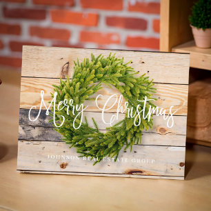 Pine Wreath on Wood   Merry Christmas Greeting Holiday Postcard