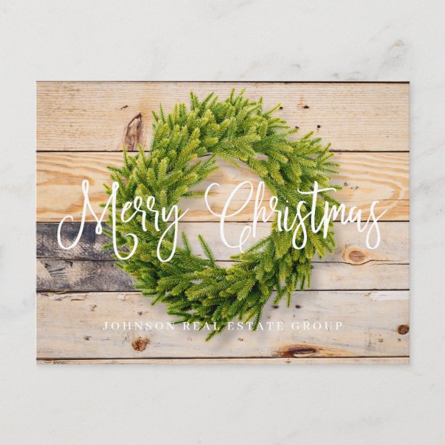 Pine Wreath on Wood | Merry Christmas Greeting Holiday Postcard (Front)