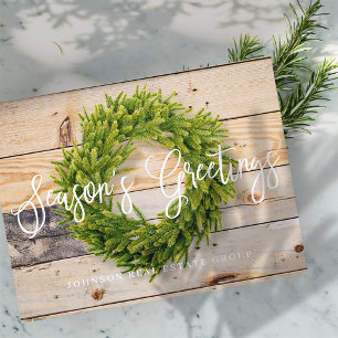 Pine Wreath on Wood   Season's Greetings Holiday Postcard