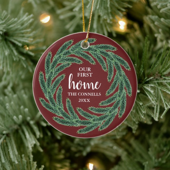 Pine Wreath Red Green Personalised Our First Home Ceramic Tree Decoration (Tree)