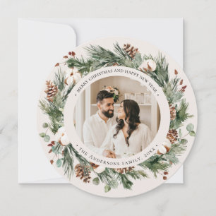 Pine Wreath Watercolor Photo Round Christmas Card