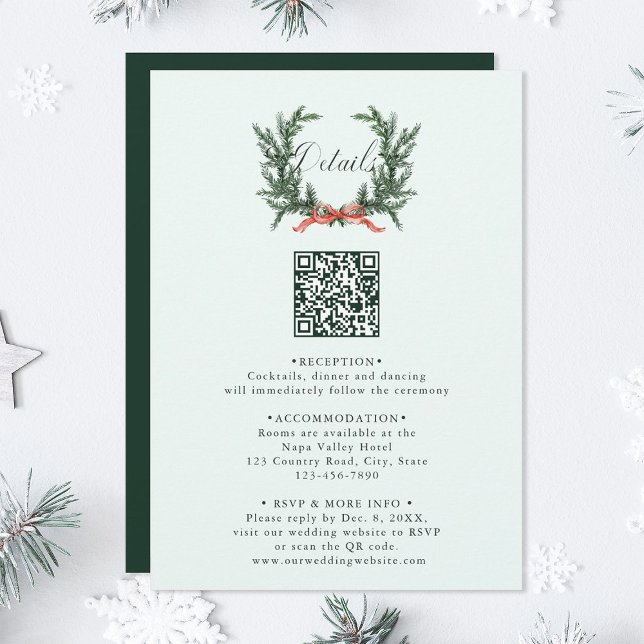 Pine Wreath Wedding QR Code Details Mint Green Enclosure Card (Creator Uploaded)