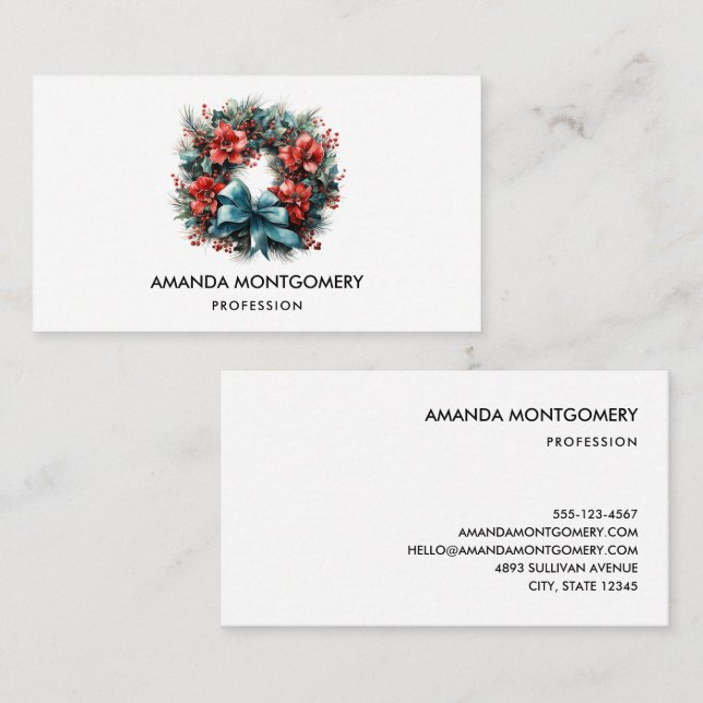 Pine Wreath with Holly Christmas Business Card (Front/Back)