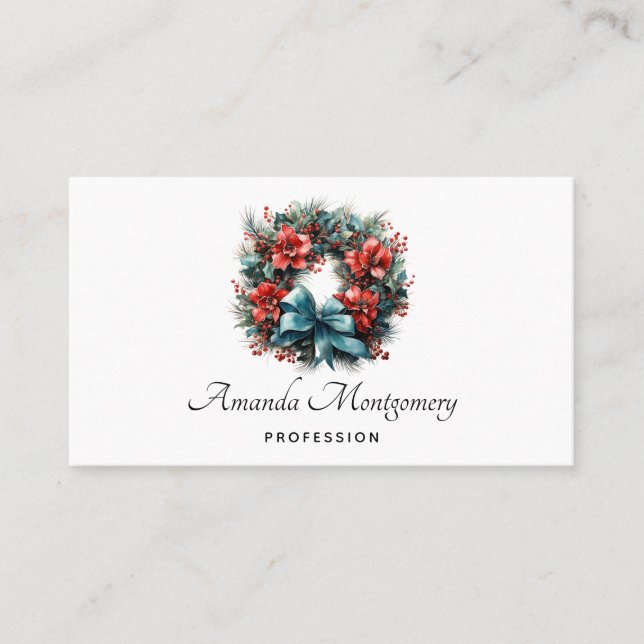 Pine Wreath with Holly Christmas Business Card (Front)