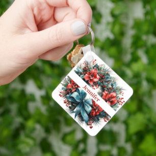 Pine Wreath with Holly Christmas Key Ring
