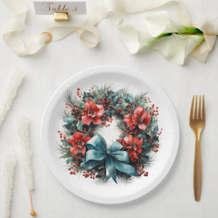 Pine Wreath with Holly Christmas Paper Plate