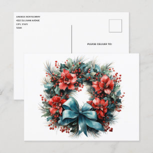 Pine Wreath with Holly Christmas Postcard