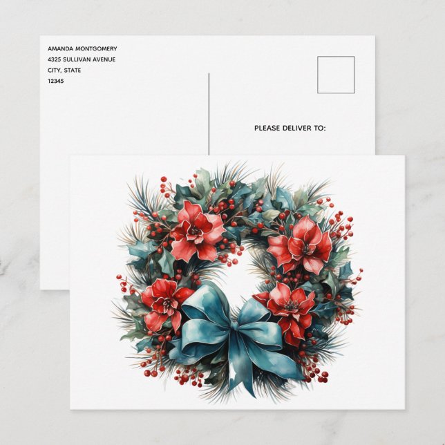 Pine Wreath with Holly Christmas Postcard (Front/Back)