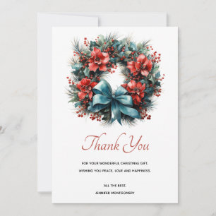 Pine Wreath with Holly Christmas Thank You Card