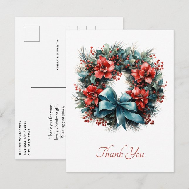 Pine Wreath with Holly Christmas Thank You Postcard (Front/Back)