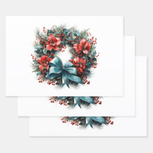 Pine Wreath with Holly Christmas Wrapping Paper Sheet