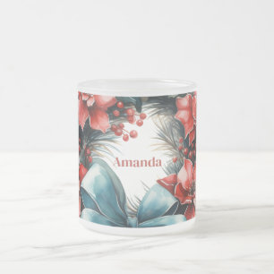 Pine Wreath with Holly Festive Christmas Frosted Glass Coffee Mug