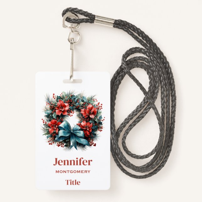  Pine Wreath with Holly Festive Christmas ID Badge (Front with Lanyard)
