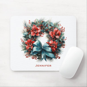 Pine Wreath with Holly Festive Christmas Mouse Mat