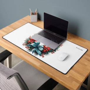 Pine Wreath with Red Flowers and Holly Desk Mat
