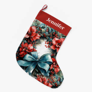 Pine Wreath with Red Flowers and Holly Large Christmas Stocking
