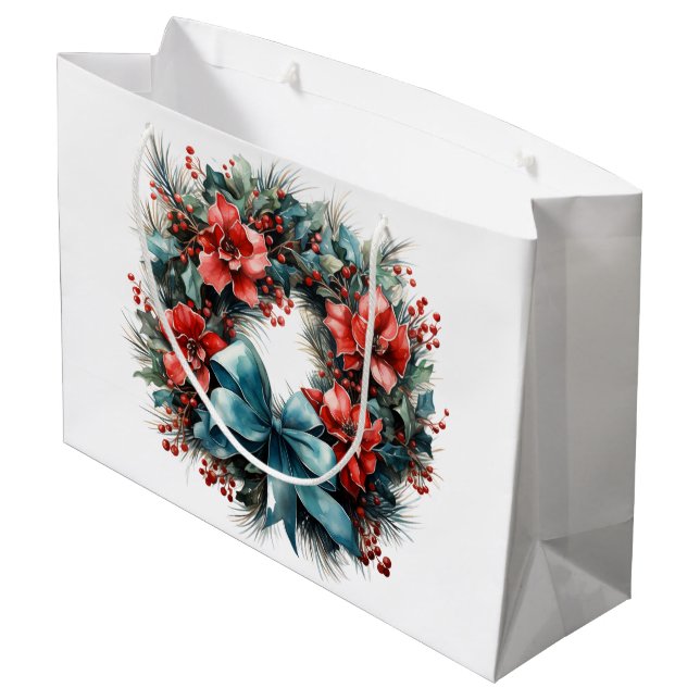 Pine Wreath with Red Flowers and Holly Large Gift Bag (Back Angled)