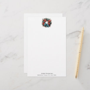 Pine Wreath with Red Flowers and Holly Stationery