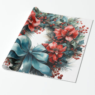 Pine Wreath with Red Flowers and Holly Wrapping Paper