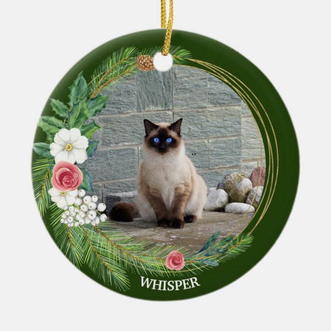 Pine Wreath with Roses Petunias White Berries Ceramic Tree Decoration (Front)