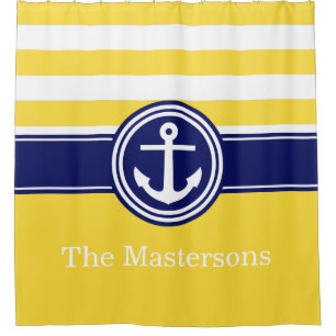Pineapp Yellow Navy Blue Nautical Stripe Anchor CB Shower Curtain