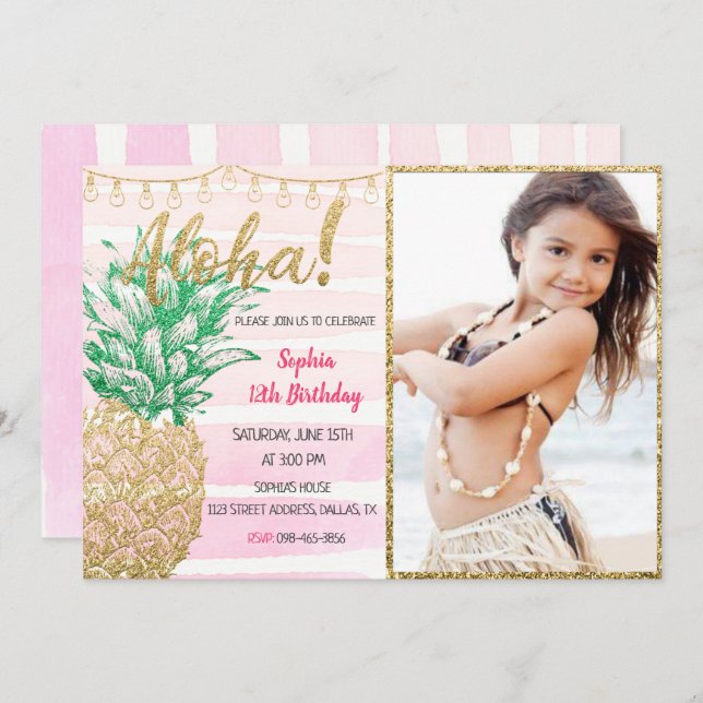 Pineapple Aloha Birthday Invitation With Photo (Front/Back)