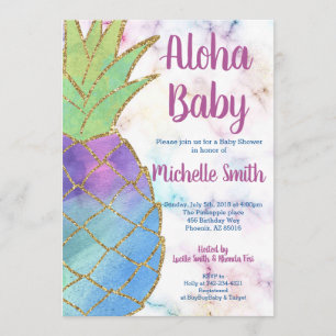 Pineapple Aloha Glitter Tropical Gold Baby Shower Invitation