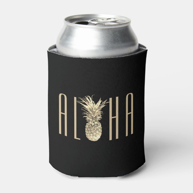 Pineapple Aloha Tropical Gold Typography Black Can Cooler (Can Front)