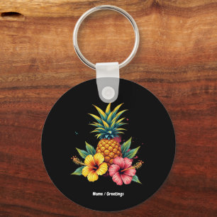 Pineapple and Hibiscus Floral Hawaii Summer Beach Key Ring