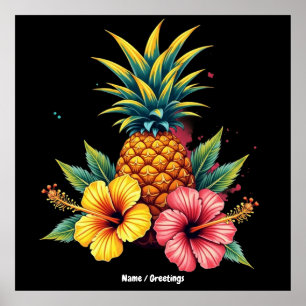 Pineapple and Hibiscus Floral Hawaii Summer Beach  Poster