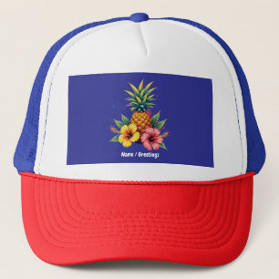 Pineapple and Hibiscus Floral Hawaii Summer Beach  Trucker Hat