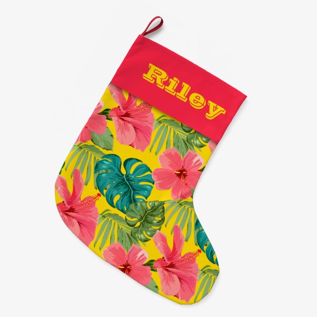 Pineapple and Hibiscus on Black Large Christmas Stocking (Front (Hanging))