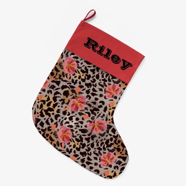 Pineapple and Hibiscus on Black Large Christmas Stocking (Front (Hanging))