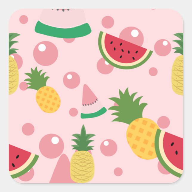 Pineapple and Watermelon Fruit Pink Square Sticker (Front)