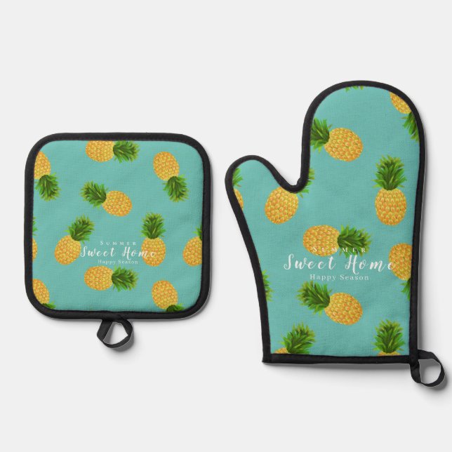 Pineapple Aqua Oven Mitt & Pot Holder Set (Front)