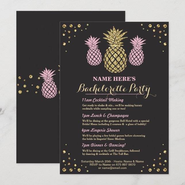 Pineapple Bachelorette Gold Itinerary Aloha Invite (Front/Back)
