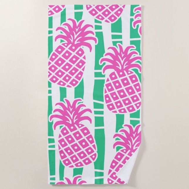 Pineapple Bamboo Stripes Pink & Green Pattern Beach Towel (Front)