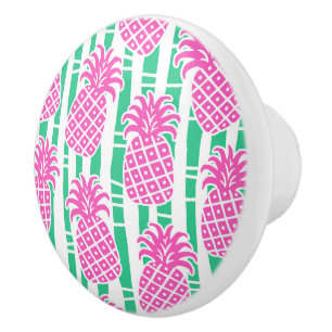 Pineapple Bamboo Stripes Pink & Green Pattern Ceramic Knob